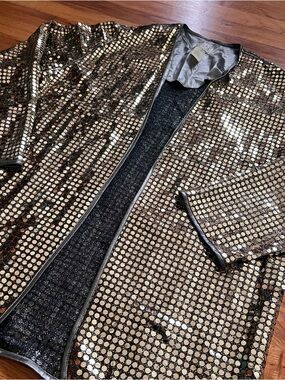 Vintage Regal Gold Sequin Dot Metallic Lightweight Blazer Jacket - 10